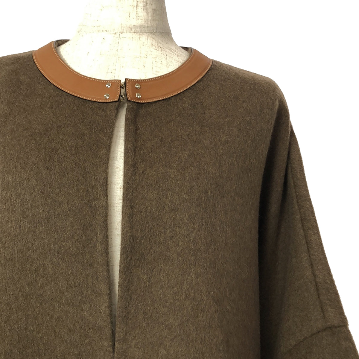 [Good Condition] CELINE | 100% cashmere / Cashmere leather-trimmed collarless saddler coat | Size 40 | Brown | Women's