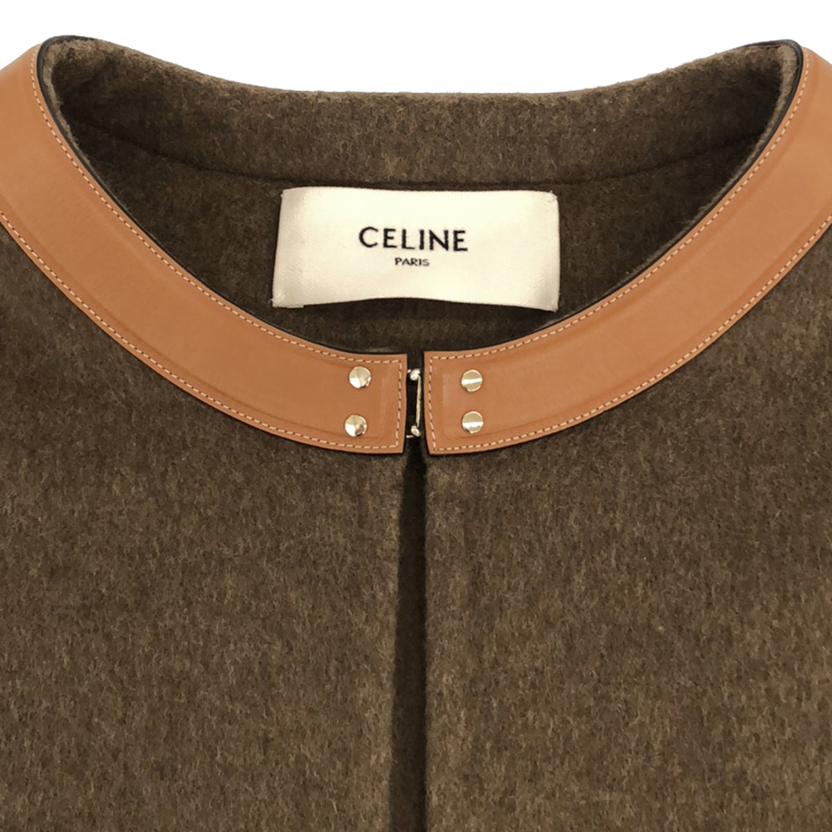 [Good Condition] CELINE | 100% cashmere / Cashmere leather-trimmed collarless saddler coat | Size 40 | Brown | Women's