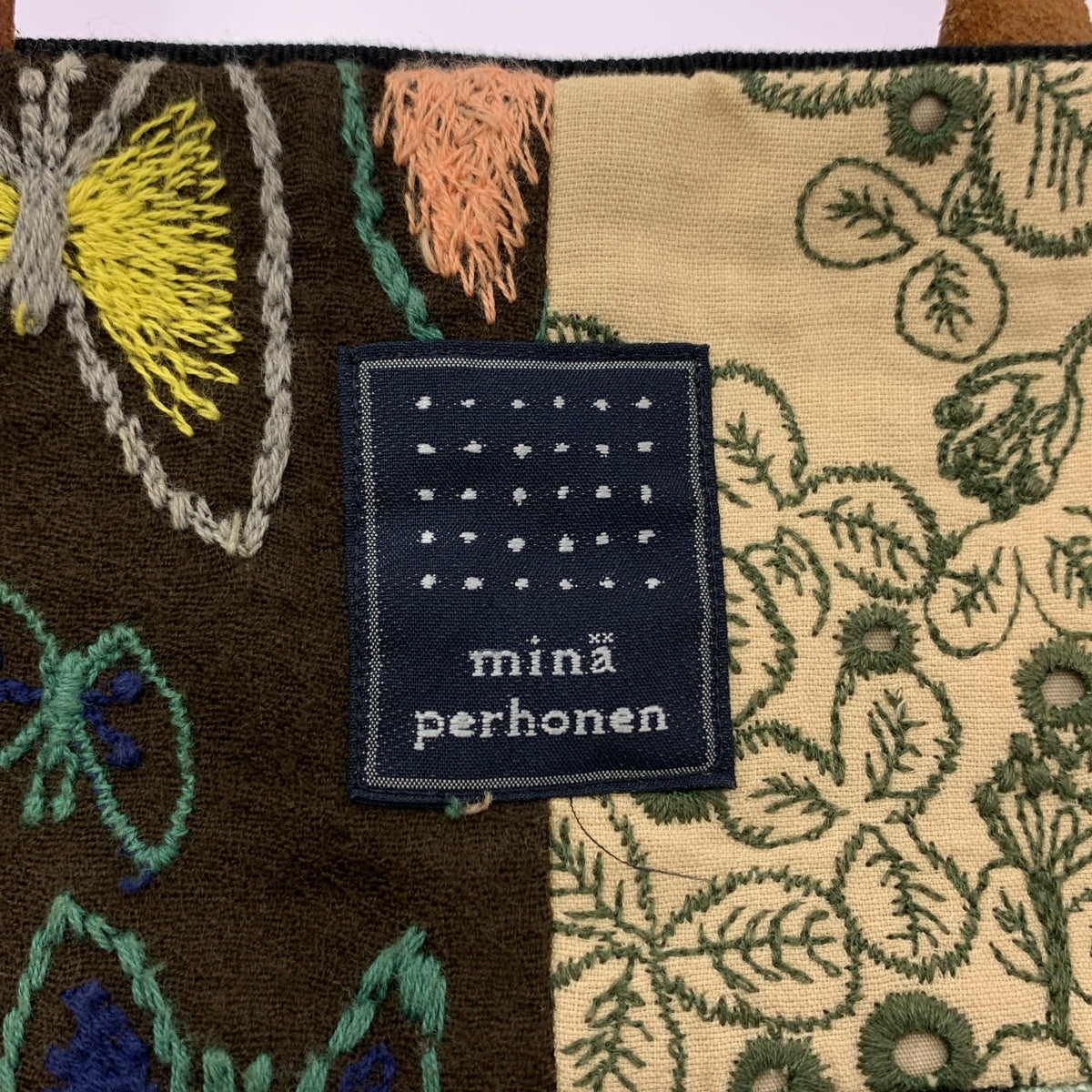 mina perhonen / ミナペルホネン | piece bag / ピース エンブロイダリー パッチワーク レザーハンドル トートバッグ |
