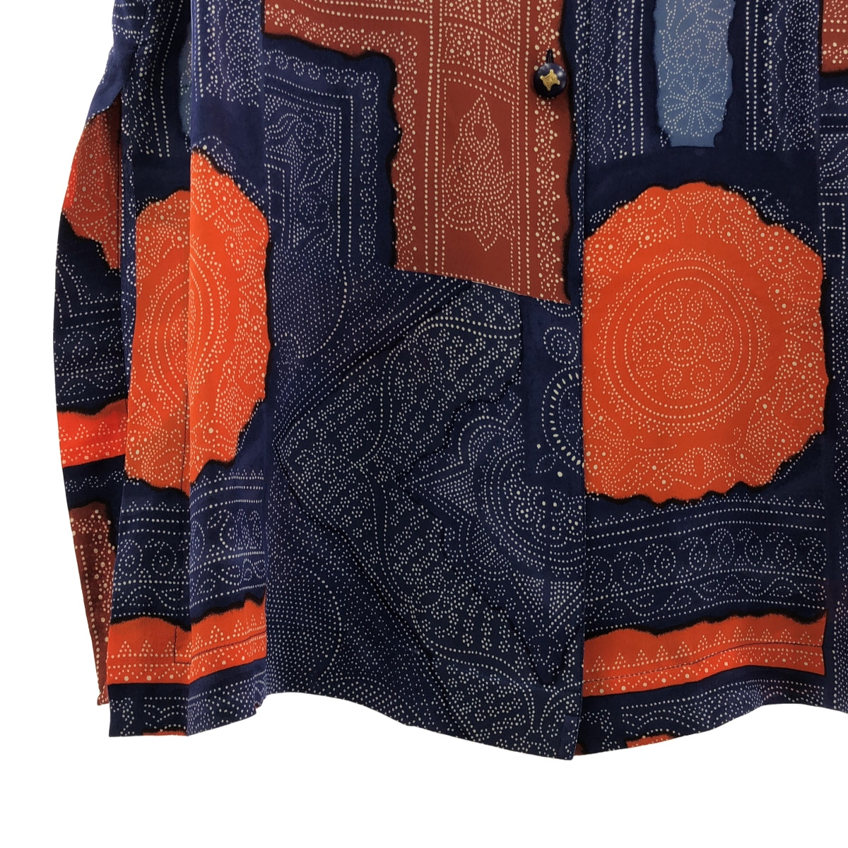 [狀況極佳] CELINE | 1990 年代復古凱旋門紐扣佩斯利拼布印花無領短袖襯衫 | 藍色/橙色 | 女款