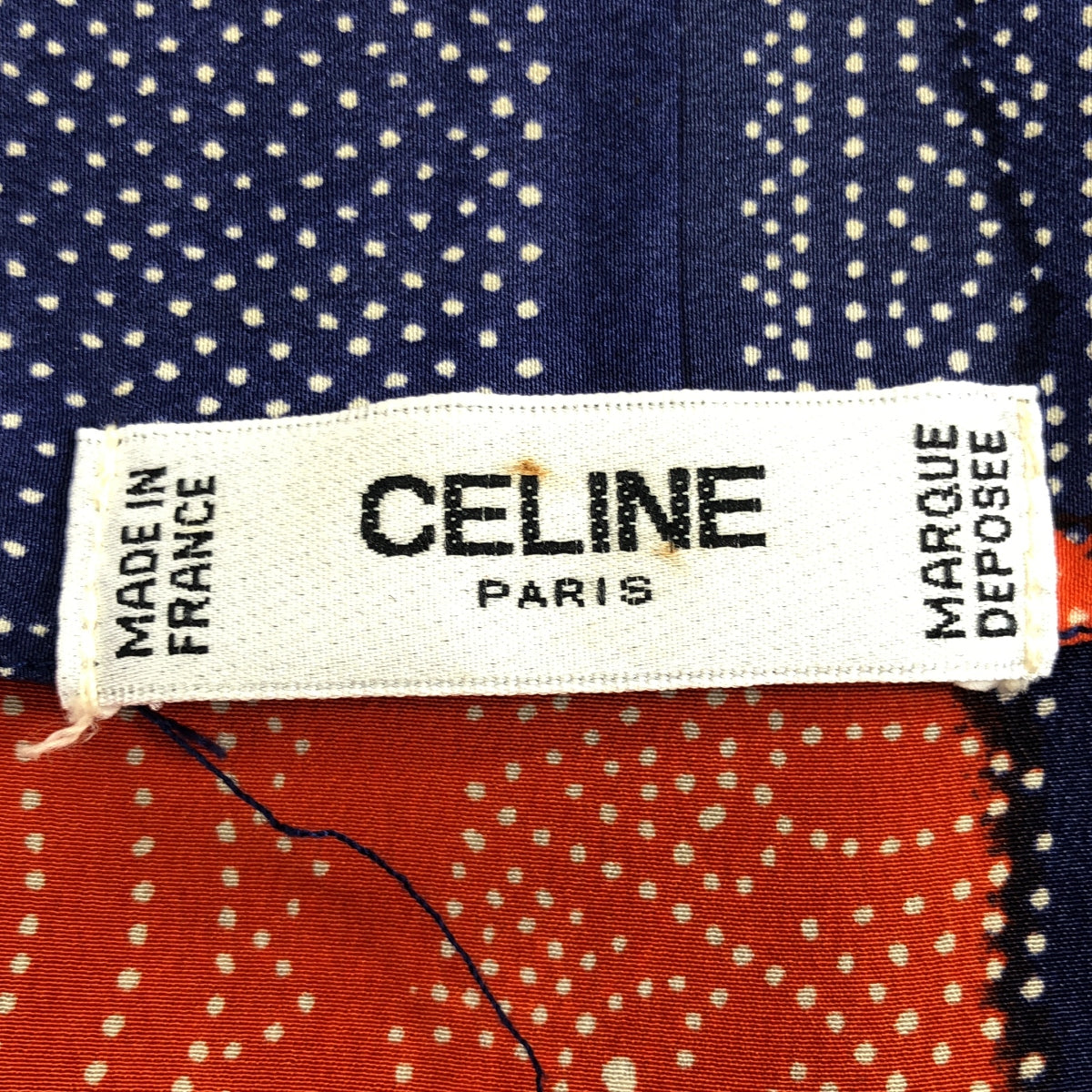 [狀況極佳] CELINE | 1990 年代復古凱旋門紐扣佩斯利拼布印花無領短袖襯衫 | 藍色/橙色 | 女款