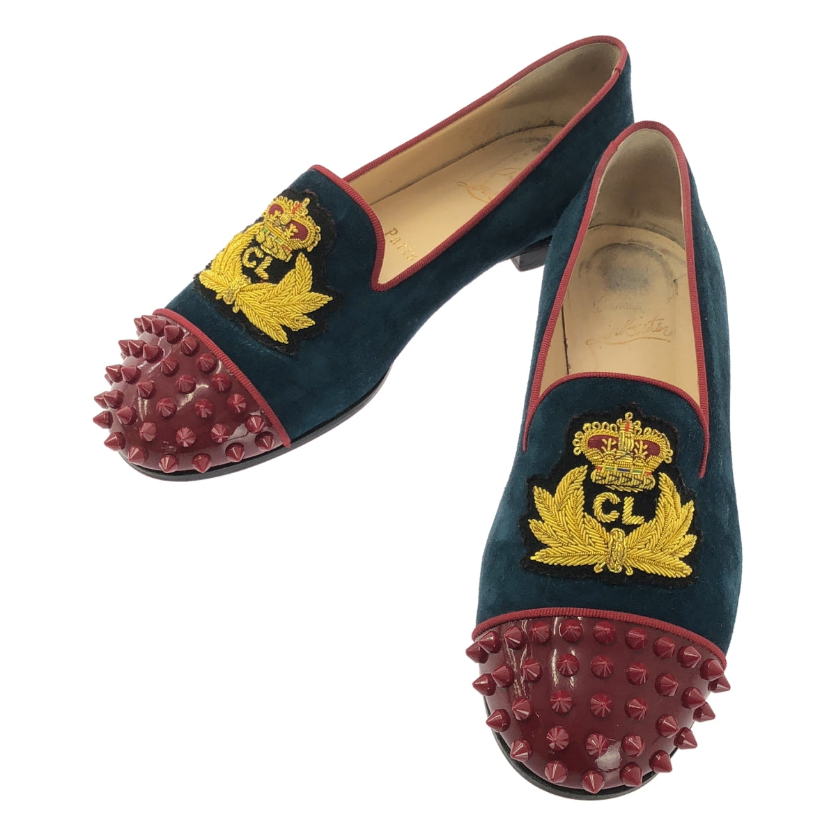 Christian Louboutin / 기독교 루부탄 | INTERN FLAT 스터드 엠블럼 자수 벨루어 슬리폰 신발 | 36 |