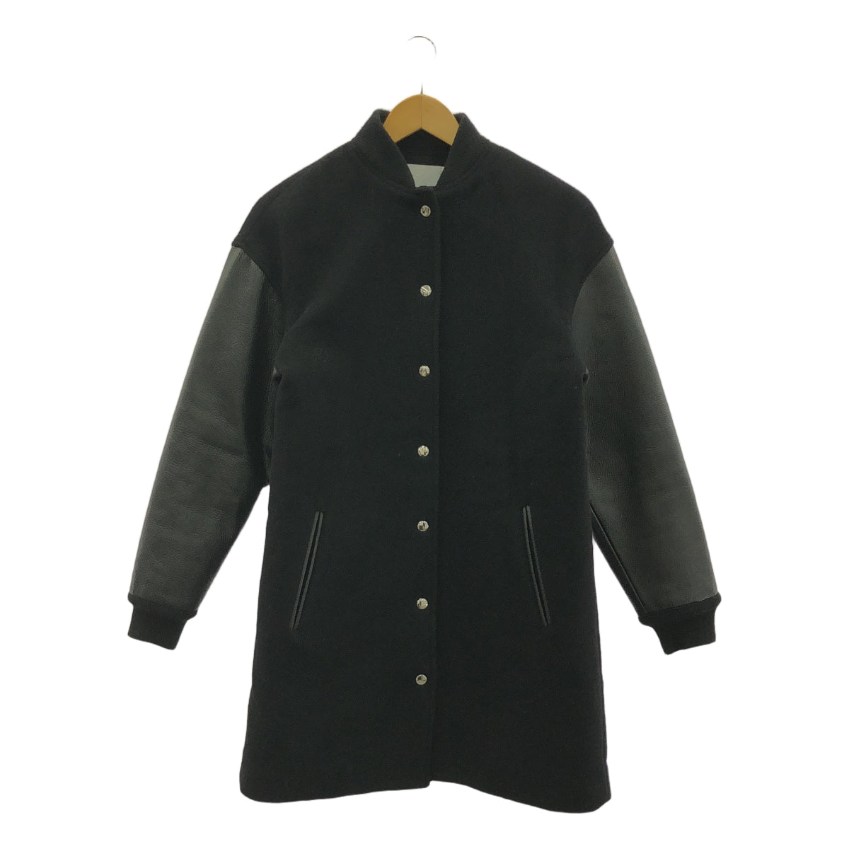 T by Alexander Wang / ティーバイアレキサンダーワン | レザー ウール コンビ ロング スタジャン コート | 0 | ブラック | レディース