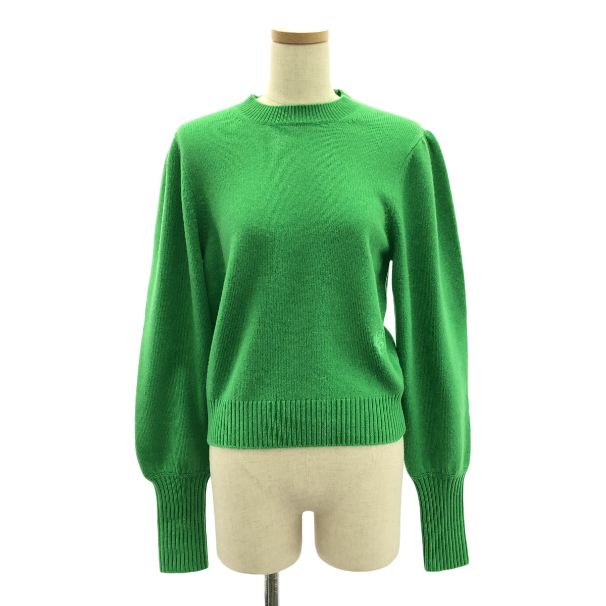 【美品】  Chloe / クロエ | 2021AW | cashmere 100％ / カシミヤ ワンポイントロゴ ギャザースリーブ ニット | S | simple green | レディース