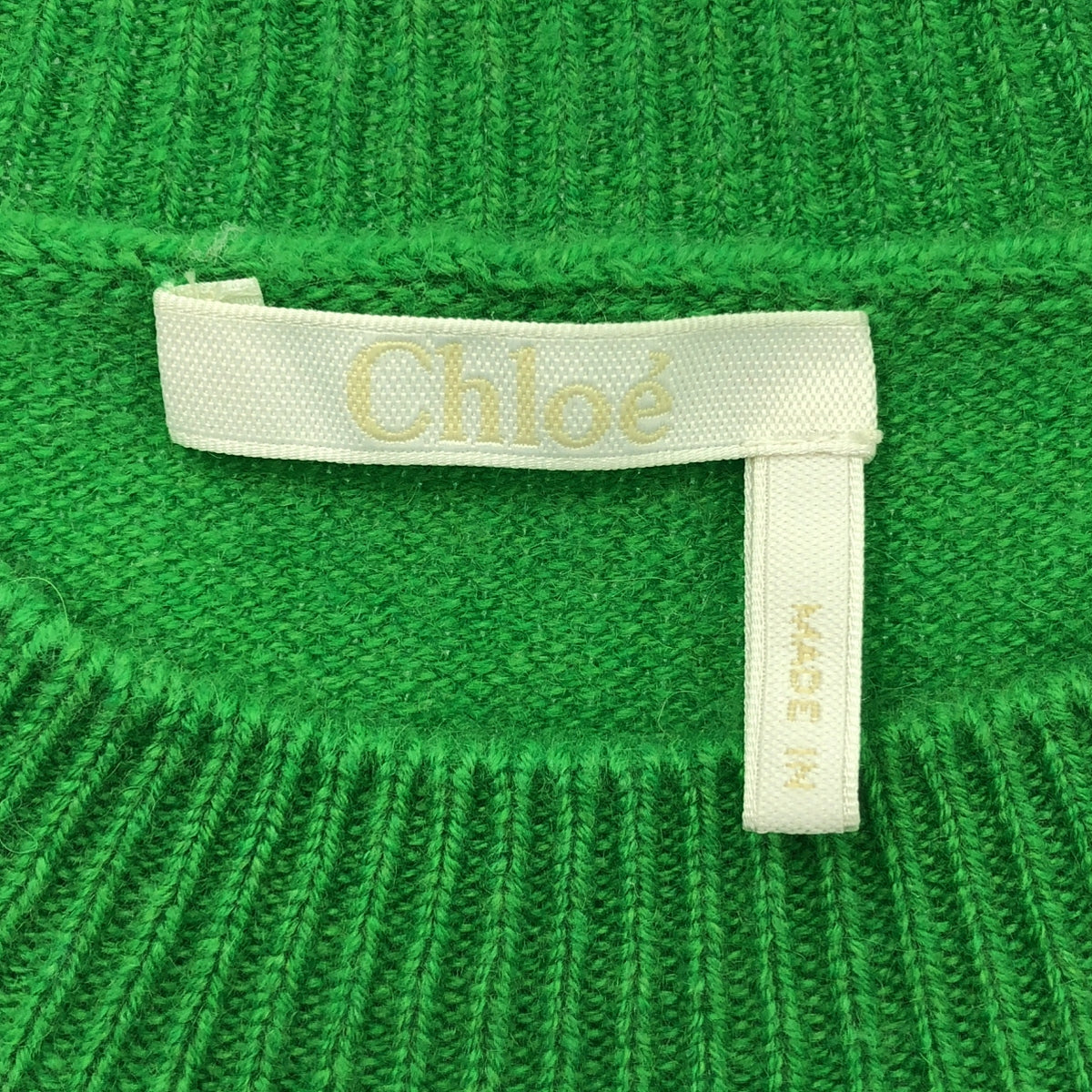 【美品】  Chloe / クロエ | 2021AW | cashmere 100％ / カシミヤ ワンポイントロゴ ギャザースリーブ ニット | S | simple green | レディース
