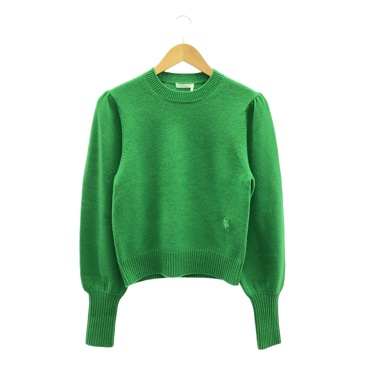 【美品】  Chloe / クロエ | 2021AW | cashmere 100％ / カシミヤ ワンポイントロゴ ギャザースリーブ ニット | S | simple green | レディース