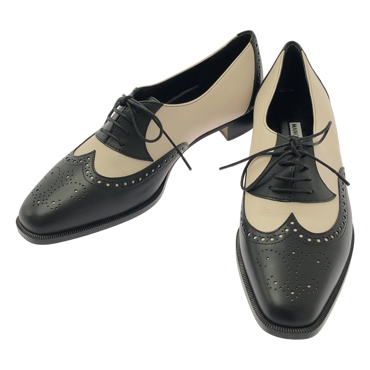 【미품】 MANOLO BLAHNIK / 마노로 브라니크 | PERETTI 페레티 바이 컬러 윙 팁 레이스 업 신발 | 37 1/2 | 블랙 / 아이보리 | 여성