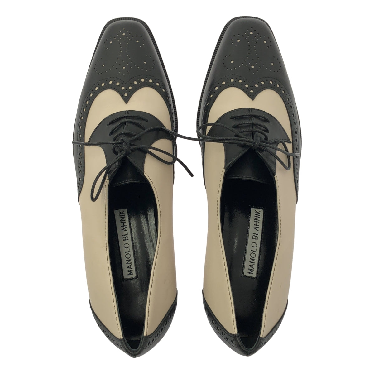 【미품】 MANOLO BLAHNIK / 마노로 브라니크 | PERETTI 페레티 바이 컬러 윙 팁 레이스 업 신발 | 37 1/2 | 블랙 / 아이보리 | 여성