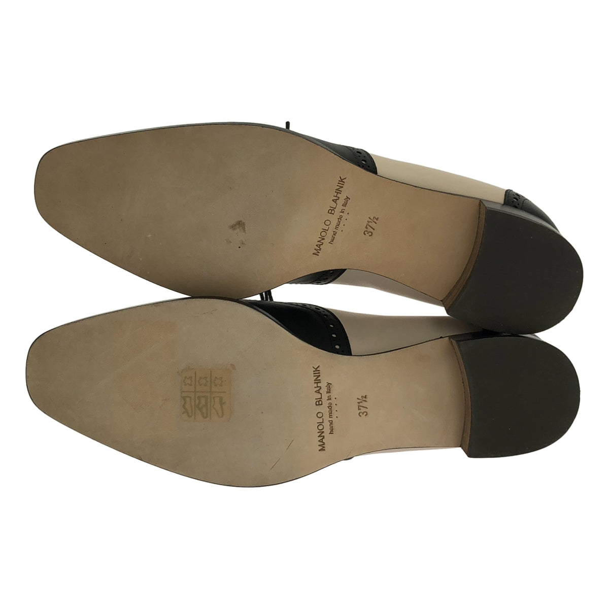 【미품】 MANOLO BLAHNIK / 마노로 브라니크 | PERETTI 페레티 바이 컬러 윙 팁 레이스 업 신발 | 37 1/2 | 블랙 / 아이보리 | 여성