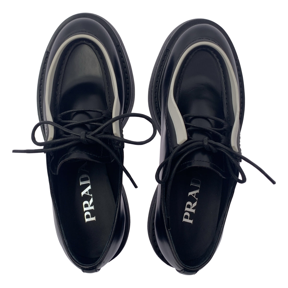 【신품】 PRADA / 프라다 | DIAPASON BRUSHED LEATHER LACEUP SHOES 브러쉬 가죽 레이스 업 신발 | 36 | 블랙/화이트 | 여성