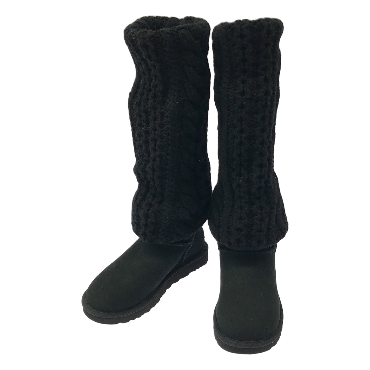 【美品】  tao COMME des GARCONS / タオコムデギャルソン | × UGG / アグ 異素材 切替 レザーパッチ ケーブルニット ムートンブーツ | 24 | ブラック | レディース