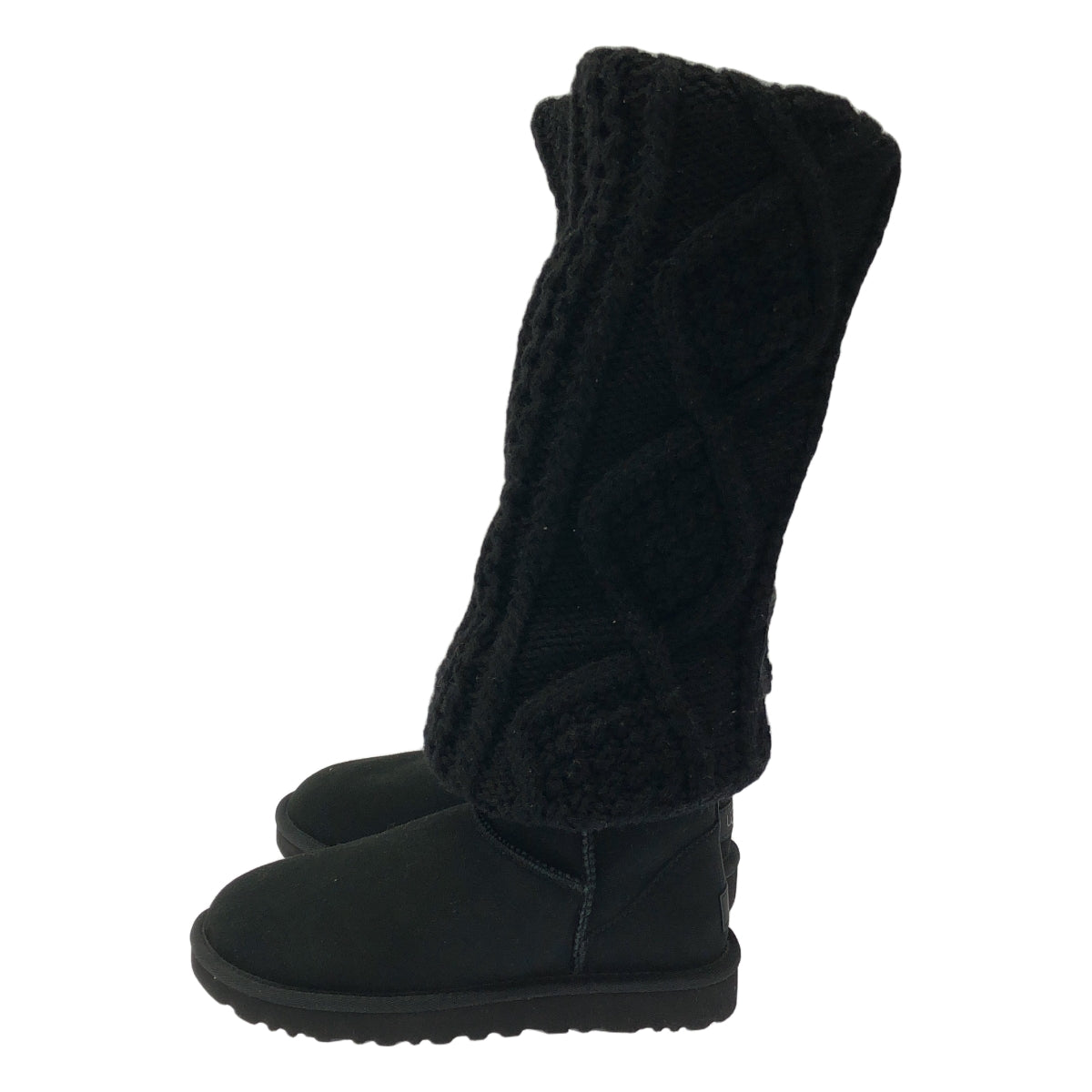 【美品】  tao COMME des GARCONS / タオコムデギャルソン | × UGG / アグ 異素材 切替 レザーパッチ ケーブルニット ムートンブーツ | 24 | ブラック | レディース