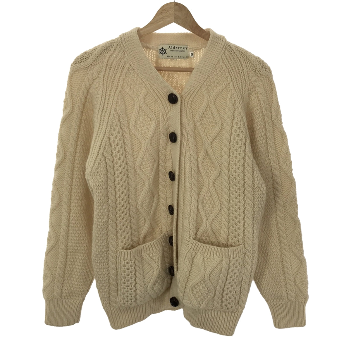 Alderney | Covered Button Wool Cable Knit Cardigan | Size 38 | Ivory | Women's