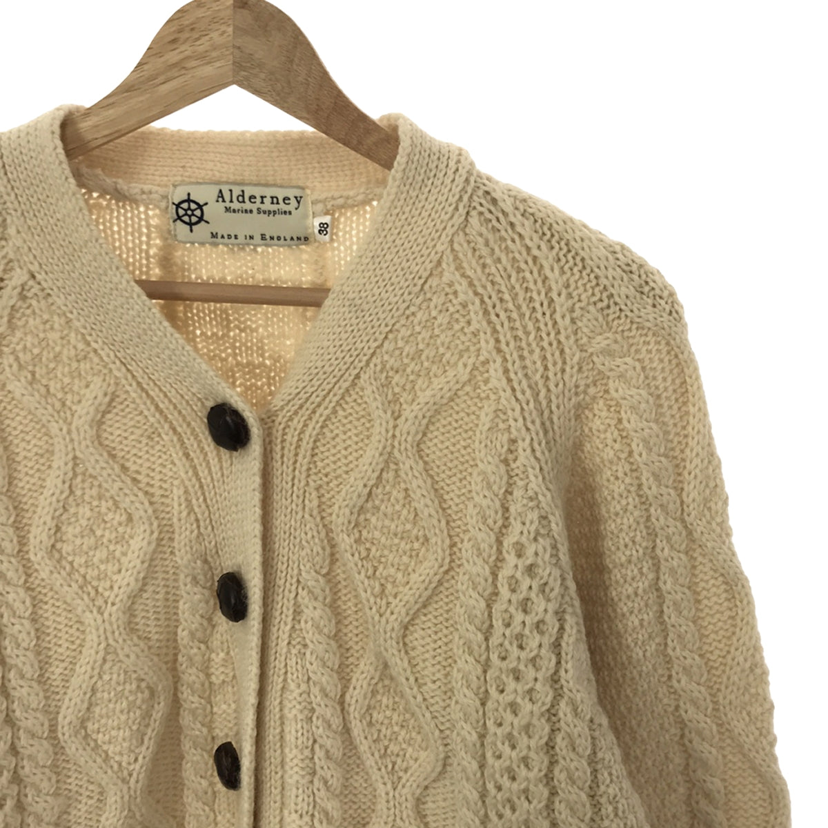 Alderney | Covered Button Wool Cable Knit Cardigan | Size 38 | Ivory | Women's