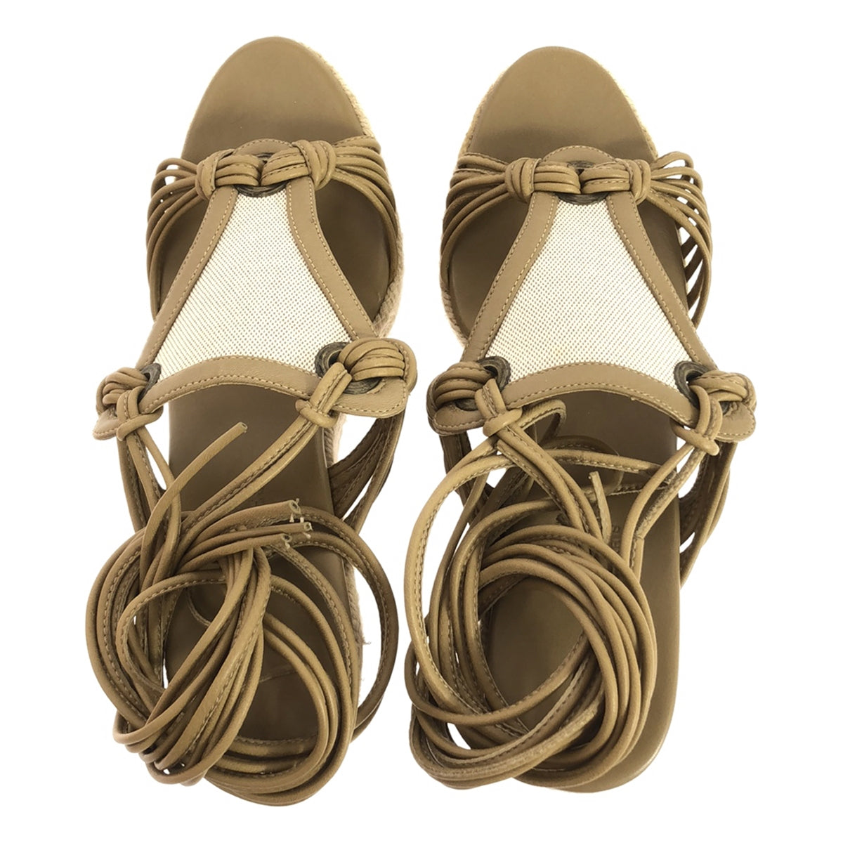 [狀況良好] 愛馬仕 | CHICA 踝帶坡跟帆布涼鞋 |尺寸 37 |米色 |女性的