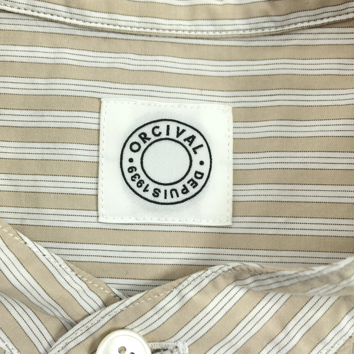 ORCIVAL / 오티발 | Typewriter Band Collar Shirt 타자기 밴드 컬러 스트라이프 셔츠 | 3 | 베이지 / 화이트 | 남성