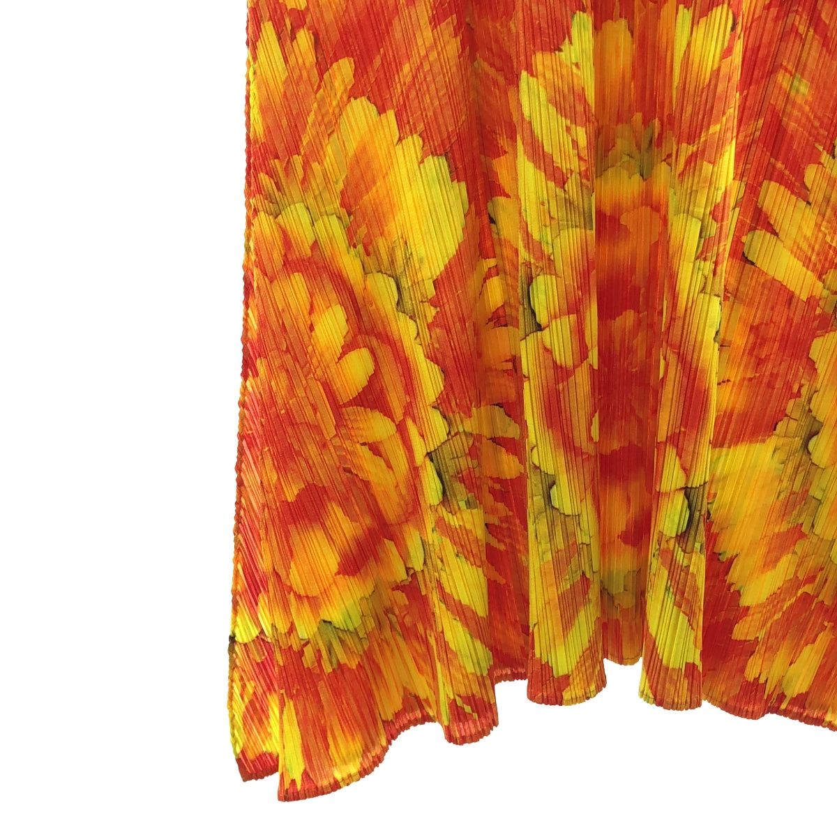【美品】  PLEATS PLEASE ISSEY MIYAKE / プリーツプリーズイッセイミヤケ | ダリア 花柄 プリント フレア プリーツ ノースリーブ ワンピース | 4 | イエロー/オレンジ | レディース