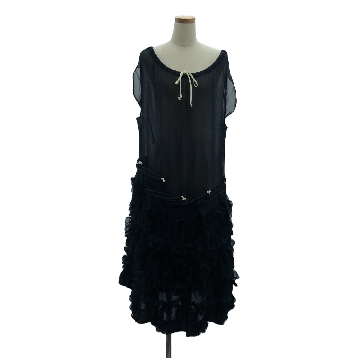 【미품】 COMME des GARCONS / 콤데 갤슨 | 프릴 장식 드로 스트링 시어 드레스 원피스 | 네이비 | 여성