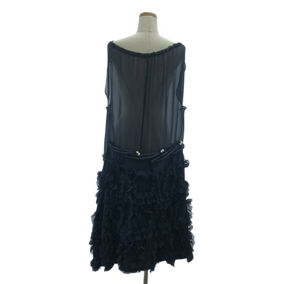 【미품】 COMME des GARCONS / 콤데 갤슨 | 프릴 장식 드로 스트링 시어 드레스 원피스 | 네이비 | 여성