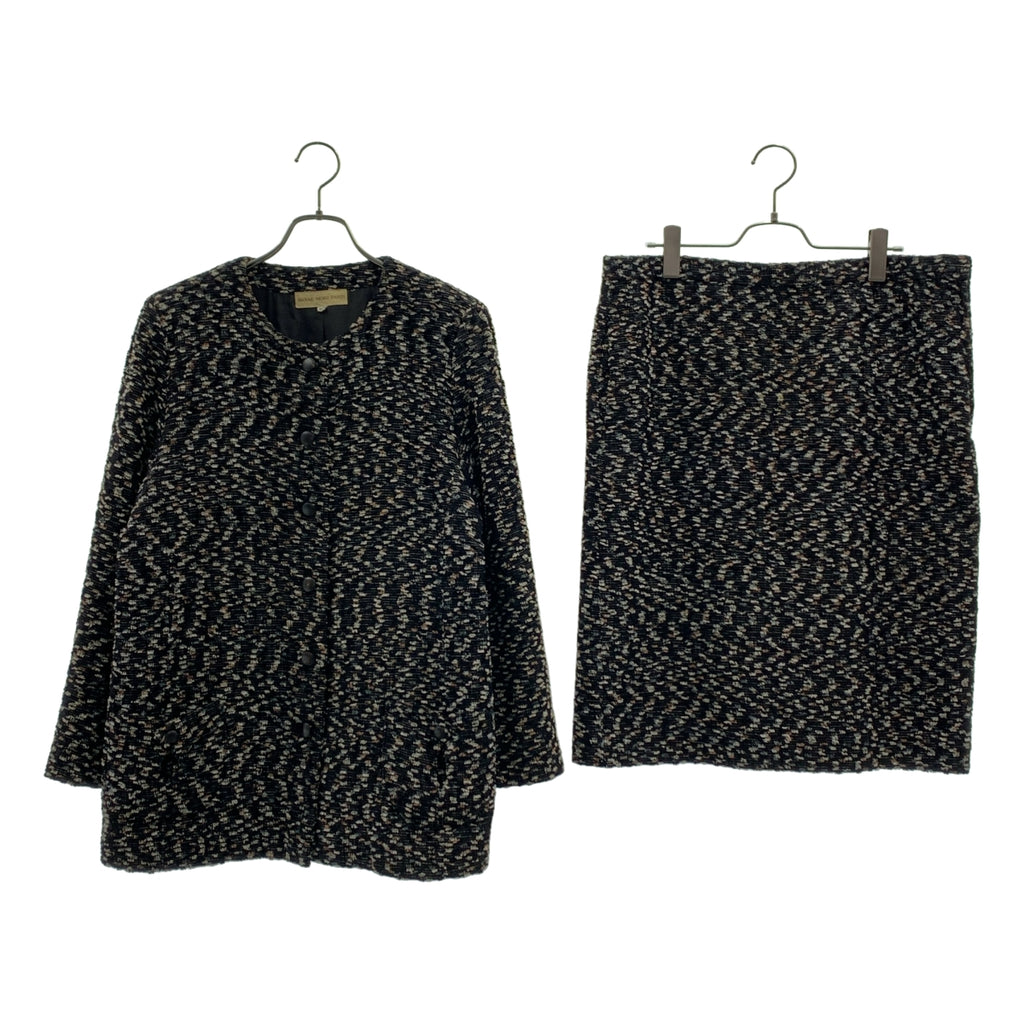 HANAE MORI / ハナエ　モリ | セットアップ ウール ツイード ノーカラー ジャケット / サイドジップ スカート / 総裏地 | 40 | ブラック系 | レディース