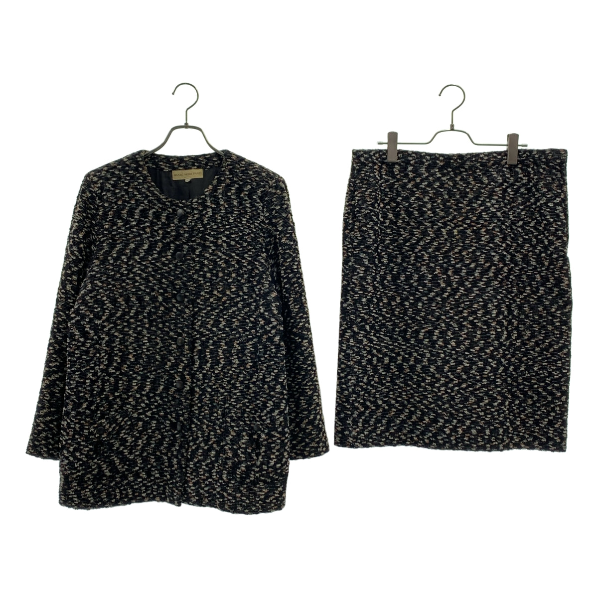 HANAE MORI / ハナエ　モリ | セットアップ ウール ツイード ノーカラー ジャケット / サイドジップ スカート / 総裏地 | 40 | ブラック系 | レディース