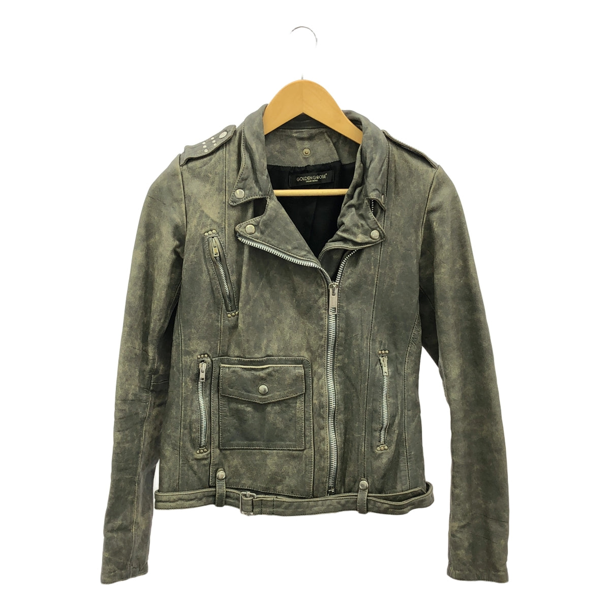 Deuxieme Classe | [GOLDEN GOOSE] 牛皮鉚釘做舊雙騎士夾克 / 全襯裡 | S | 灰色 | 女款