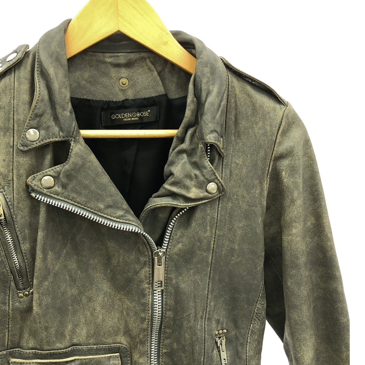 Deuxieme Classe | [GOLDEN GOOSE] 牛皮鉚釘做舊雙騎士夾克 / 全襯裡 | S | 灰色 | 女款