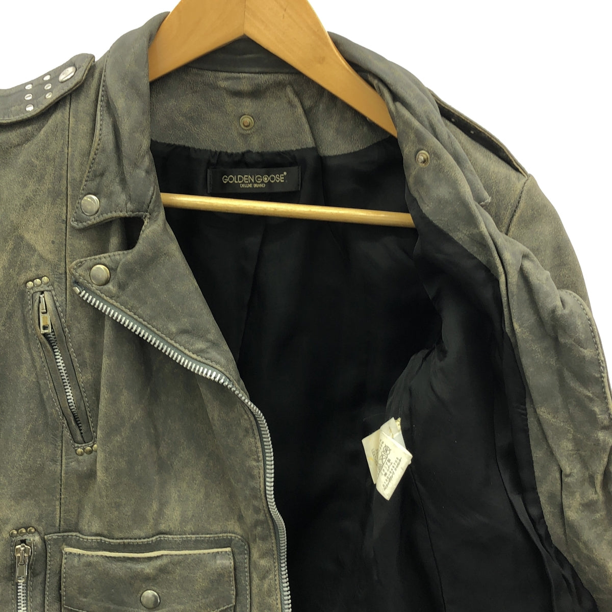 Deuxieme Classe | [GOLDEN GOOSE] 牛皮鉚釘做舊雙騎士夾克 / 全襯裡 | S | 灰色 | 女款