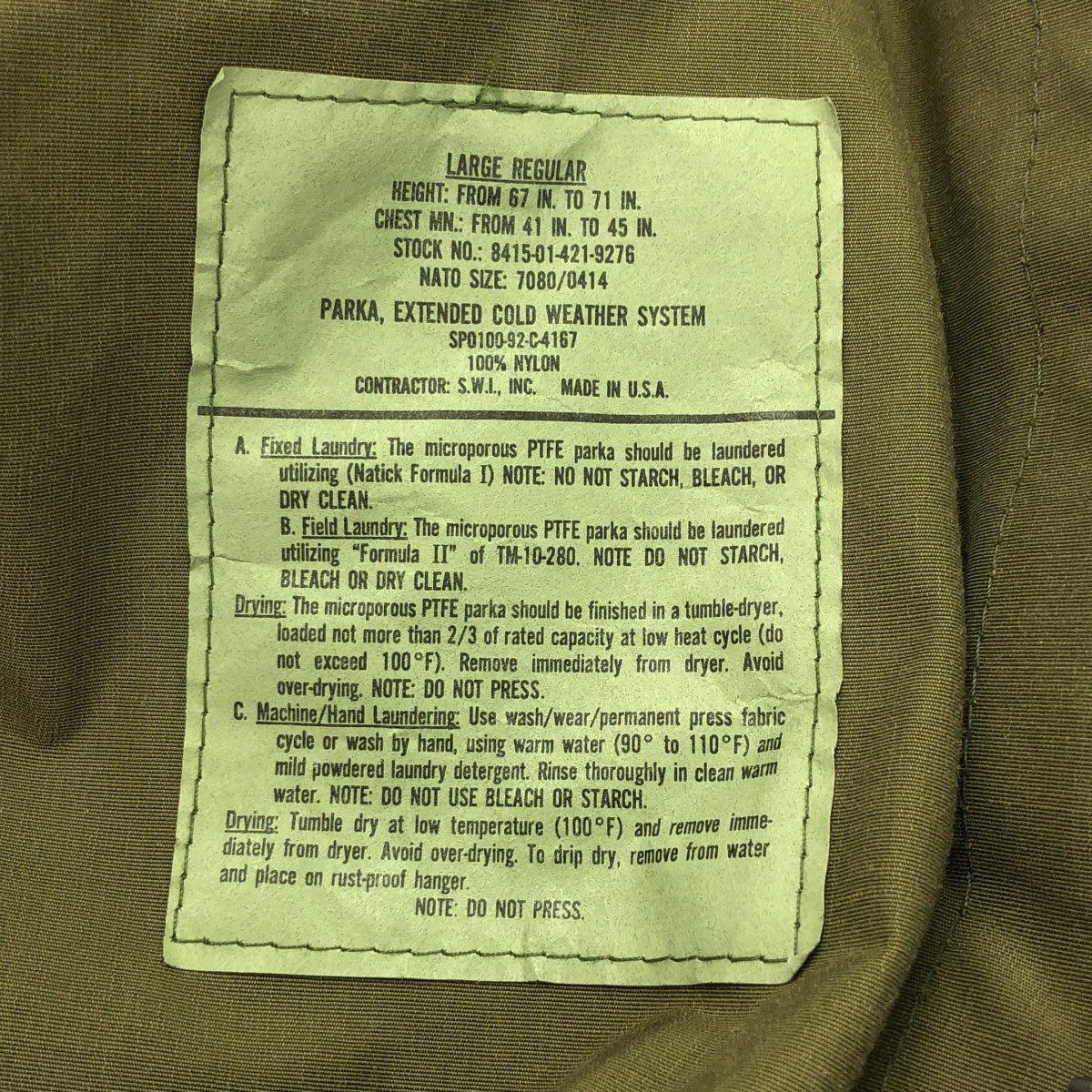 復古 / 復古服裝 | USARMY ECWCS 派克大衣尼龍軍用派克大衣夾克| SHOPBOP L |卡其色 |男士