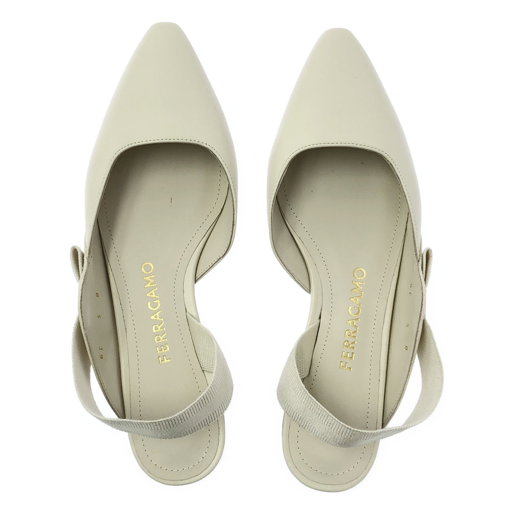 【美品】  FERRAGAMO / フェラガモ | VANIA FLATS / レザー ロゴ ポインテッドトゥ パンプス ミュール | 5 | オフホワイト | レディース