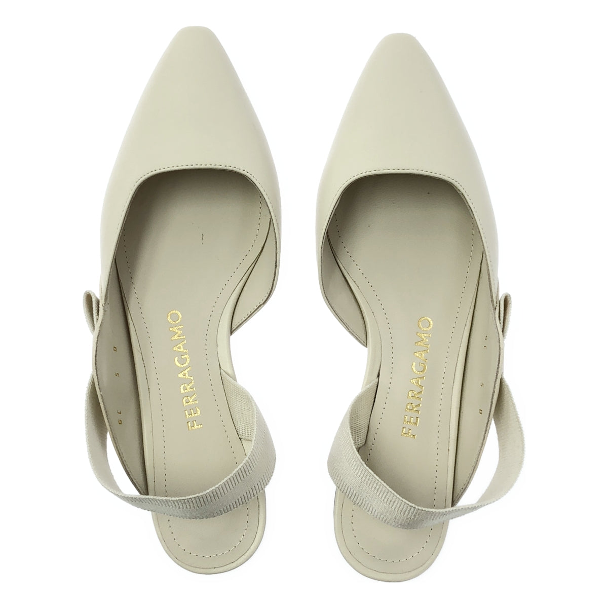 【美品】  FERRAGAMO / フェラガモ | VANIA FLATS / レザー ロゴ ポインテッドトゥ パンプス ミュール | 5 | オフホワイト | レディース