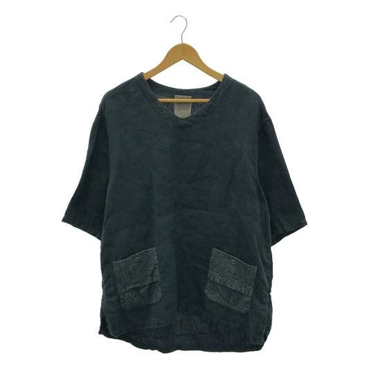 BIEK VERSTAPPEN / BIEK VERSTAPPEN | LINEN FABRIC / V-NECK SHIRT / Double pocket oversized T-shirt | M | Black | Men's