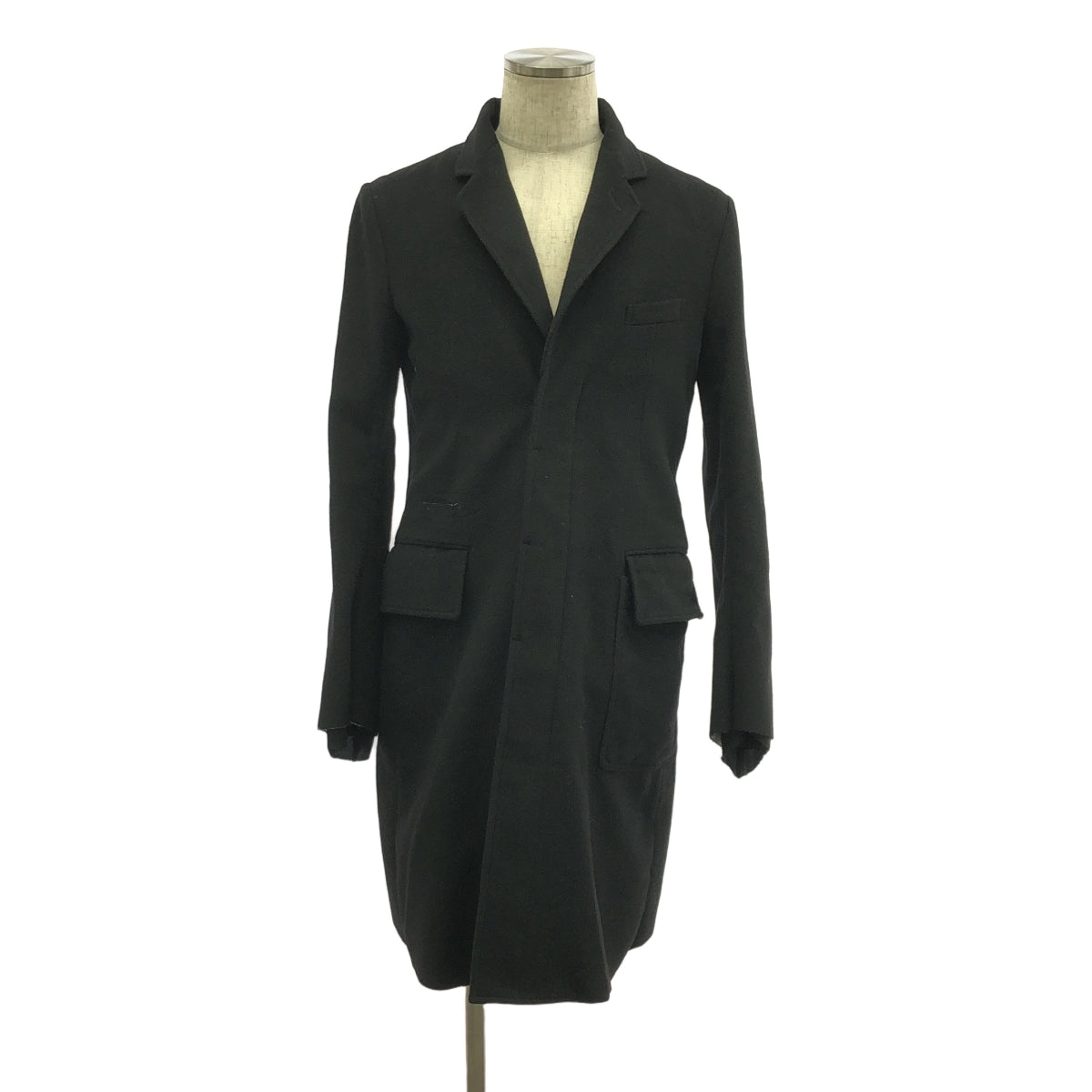 【美品】  TAKAHIROMIYASHITA The Soloist / タカヒロミヤシタザソロイスト | chesterfiled coat / ウール カシミヤ レザー切替 レイヤードスリーブ コート/ 裏地付き | 46 | ブラック | メンズ