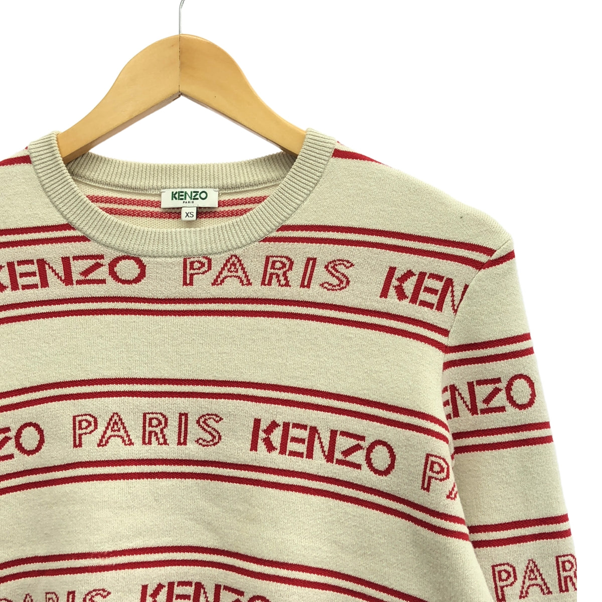 KENZO / ケンゾー | コットン ナイロン ボーダー ロゴ ニット | XS | ベージュ/レッド | レディース