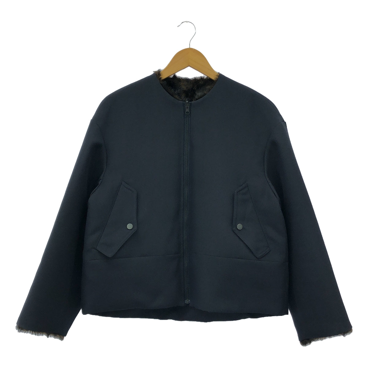 【美品】  CURRENTAGE / カレンテージ | ノーカラーリバーシブルブルゾン | 1(S) | ネイビー | レディース