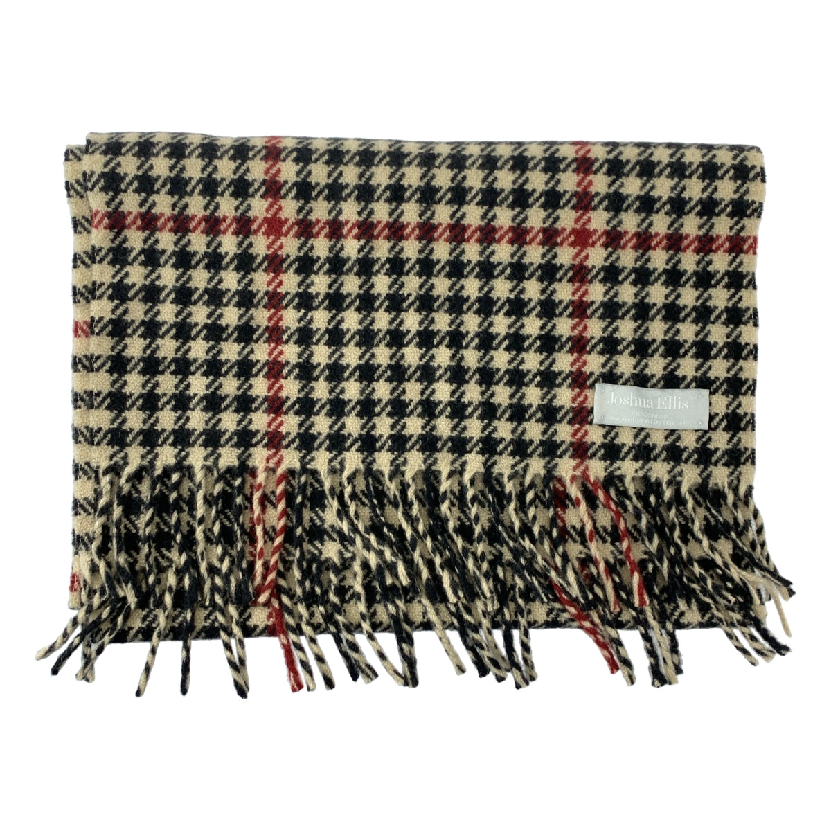 【成色極佳】JOSHUA ELLIS | 100% 羊絨千鳥格流蘇圍巾，男女通用 | 米色 | 女士