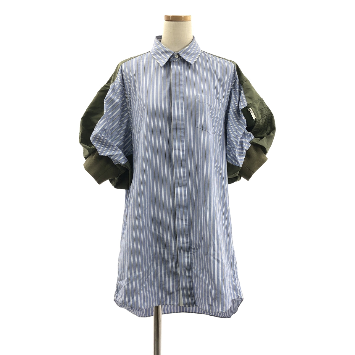 sacai | 棉府綢 x 尼龍斜紋洋裝 MA1 條紋襯衫裙 | 尺寸 2 | 卡其色/淺藍/白色 | 女款