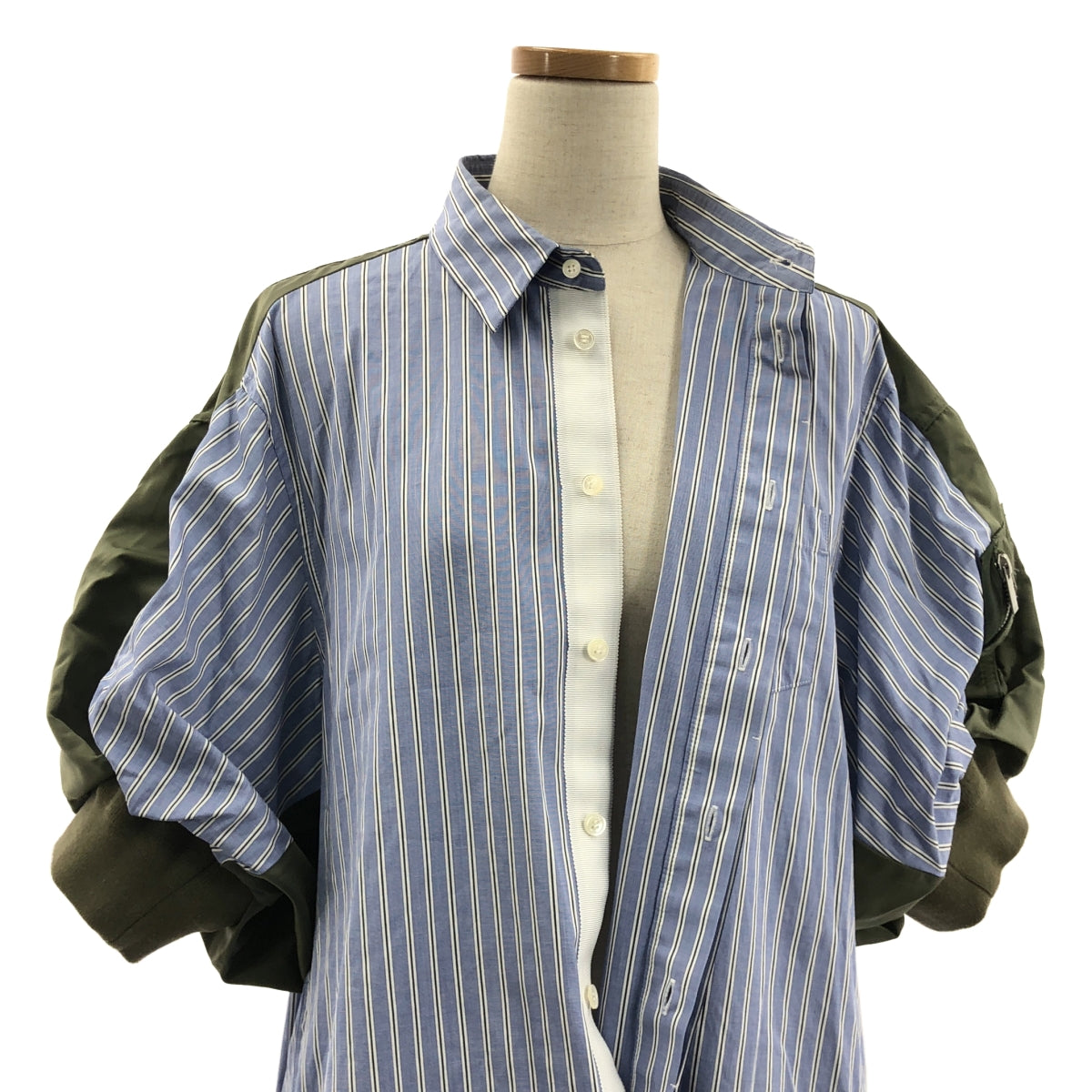 sacai | 棉府綢 x 尼龍斜紋洋裝 MA1 條紋襯衫裙 | 尺寸 2 | 卡其色/淺藍/白色 | 女款