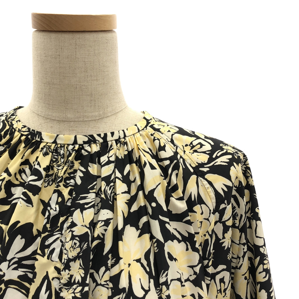 【美品】  JIL SANDER / ジルサンダー | 2023AW | 総柄 フラワー レザーベルテッド ギャザー ボリューム ドレス ワンピース | 34 | ブラック/ベージュ/ホワイト | レディース