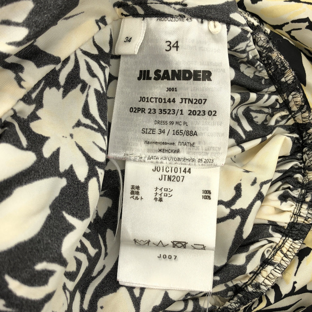 【美品】  JIL SANDER / ジルサンダー | 2023AW | 総柄 フラワー レザーベルテッド ギャザー ボリューム ドレス ワンピース | 34 | ブラック/ベージュ/ホワイト | レディース