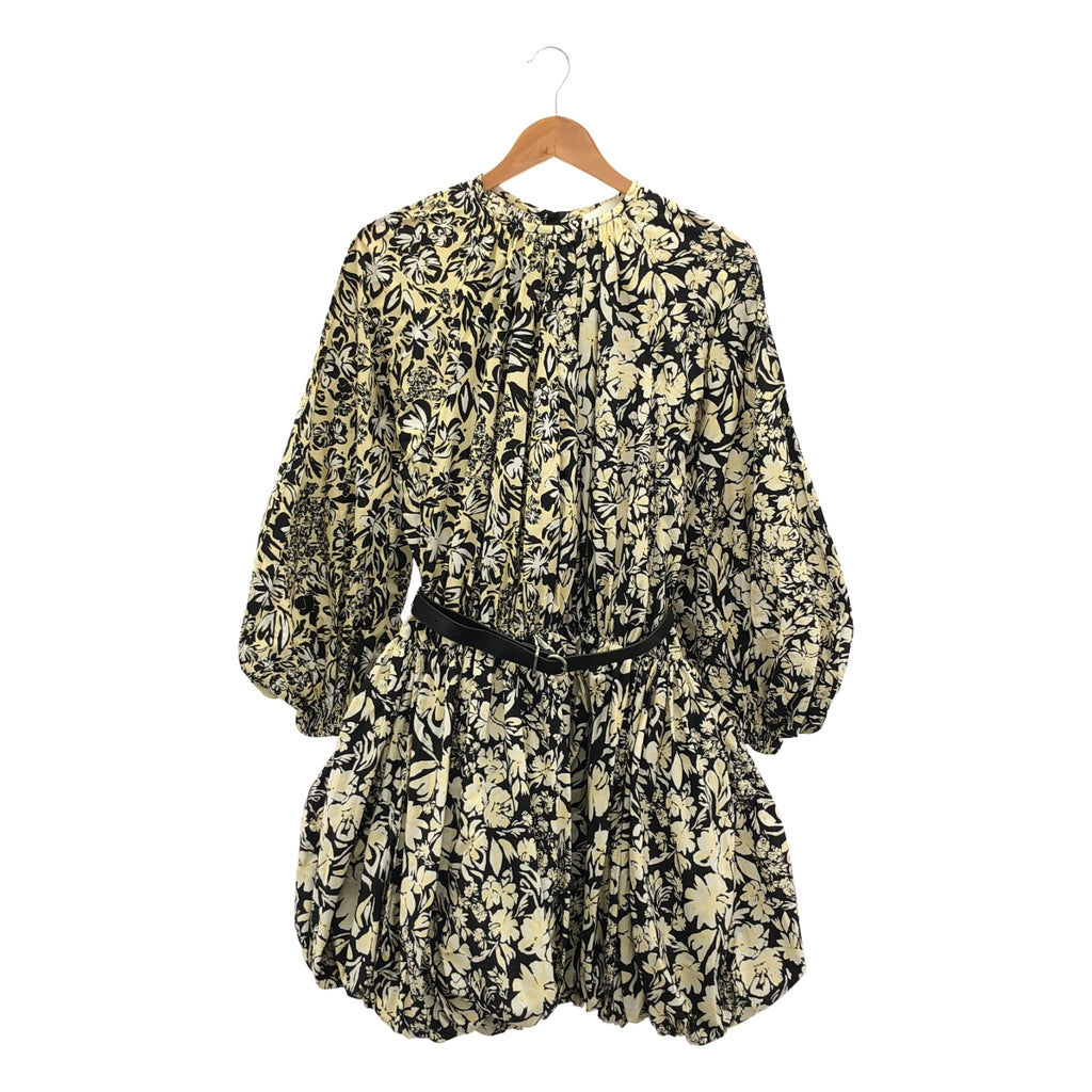 【美品】  JIL SANDER / ジルサンダー | 2023AW | 総柄 フラワー レザーベルテッド ギャザー ボリューム ドレス ワンピース | 34 | ブラック/ベージュ/ホワイト | レディース