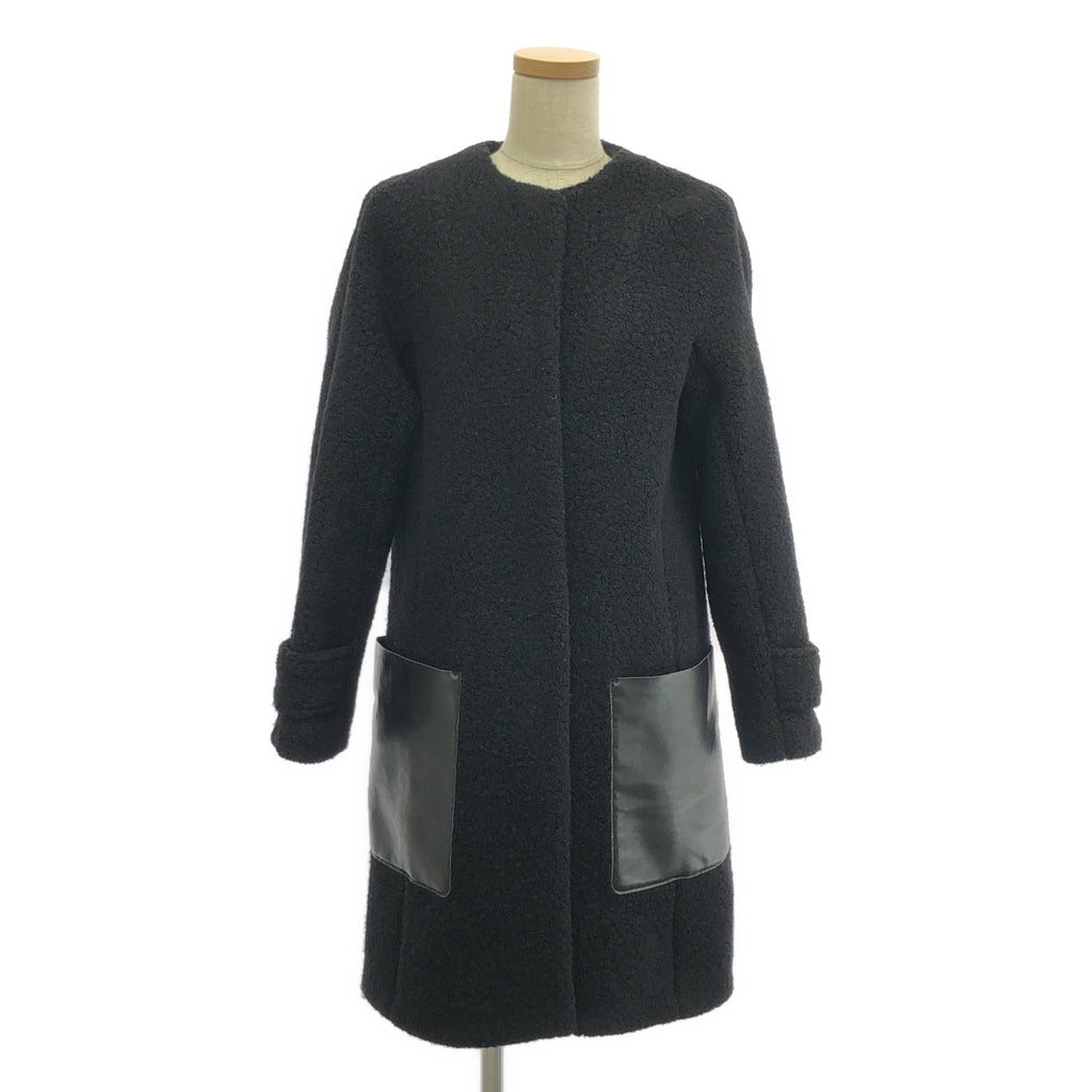 HUGO BOSS / ヒューゴボス | ウール レザー ダブルポケット ノーカラーコート / 総裏地 | 34 | ブラック | レディース