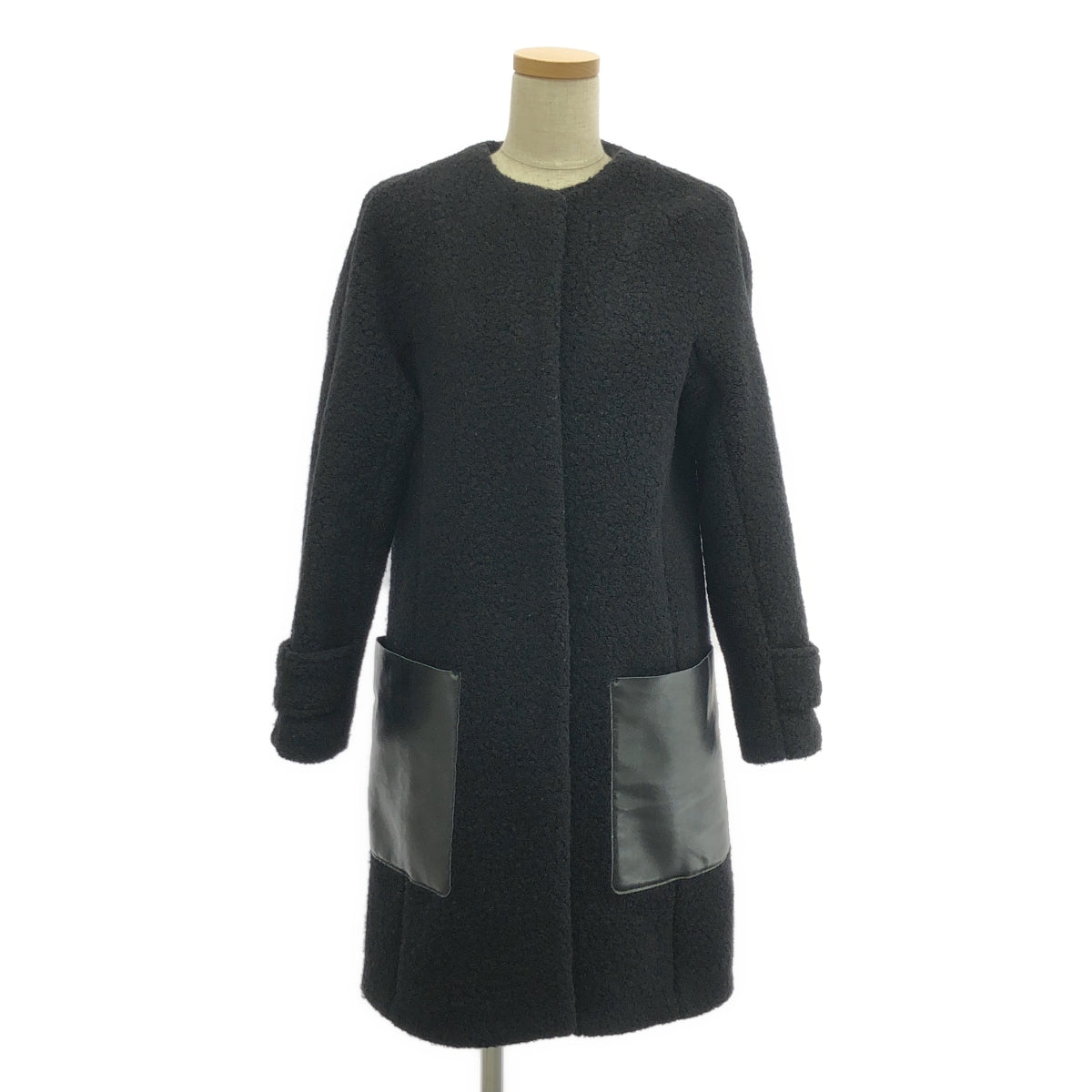 HUGO BOSS | 羊毛皮革雙口袋無領大衣 / 全襯裡 | 34 | 黑色 | 女款