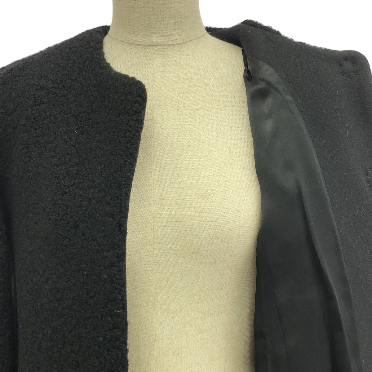 HUGO BOSS | 羊毛皮革雙口袋無領大衣 / 全襯裡 | 34 | 黑色 | 女款