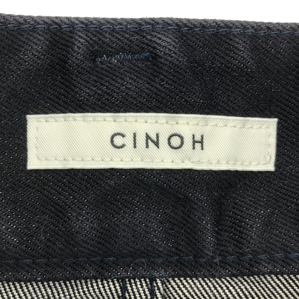 CINOH / チノ | Hi-Waist Pin Tuck Denim / インディゴ染め加工 ロゴレザーパッチ カットオフ ワイド デニムパンツ | 28 | レディース