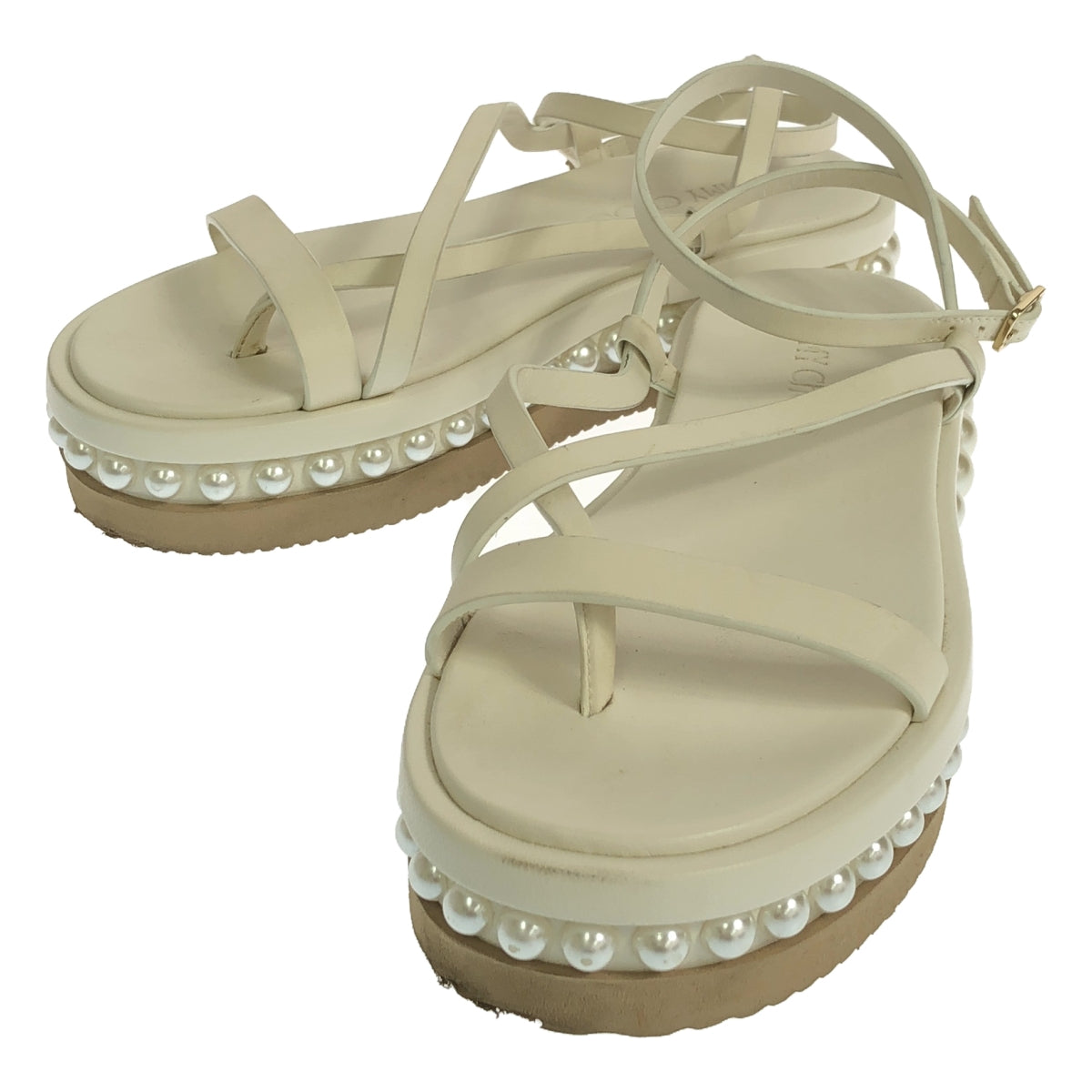 JIMMY CHOO | PINE FLAT LEATHER PEARL EMBROIDERED STRAP SANDALS | 35 | WHITE | WOMEN'S