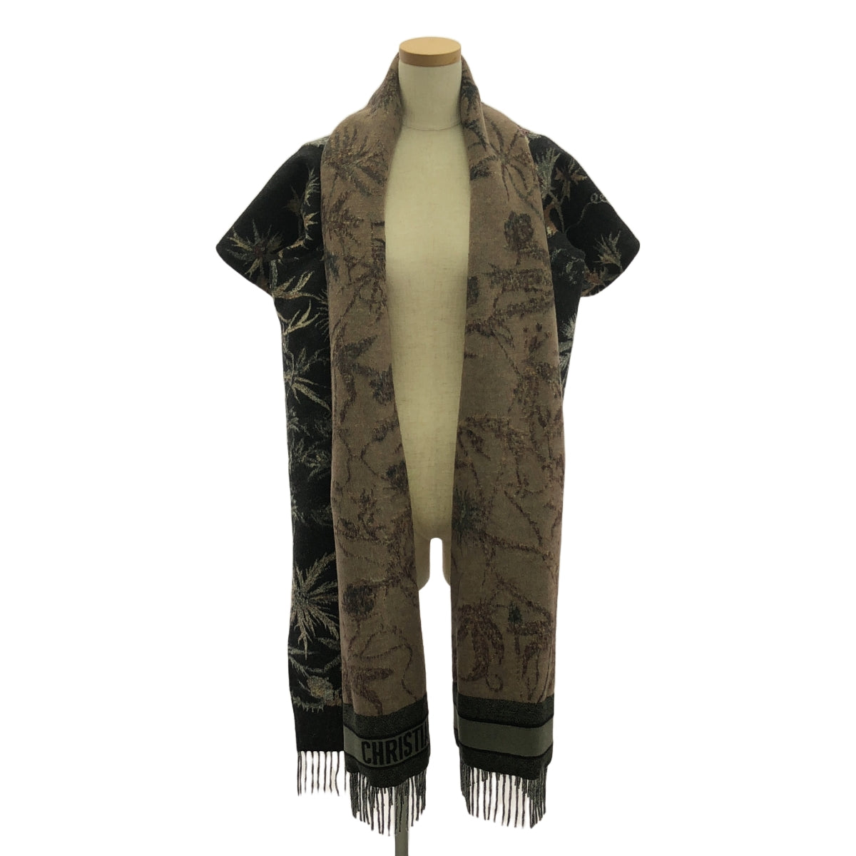 【美品】  Christian Dior / クリスチャンディオール | 2020SS | ウール ジャガード フリンジ ストール ポンチョ | S | チャコールブラック | レディース