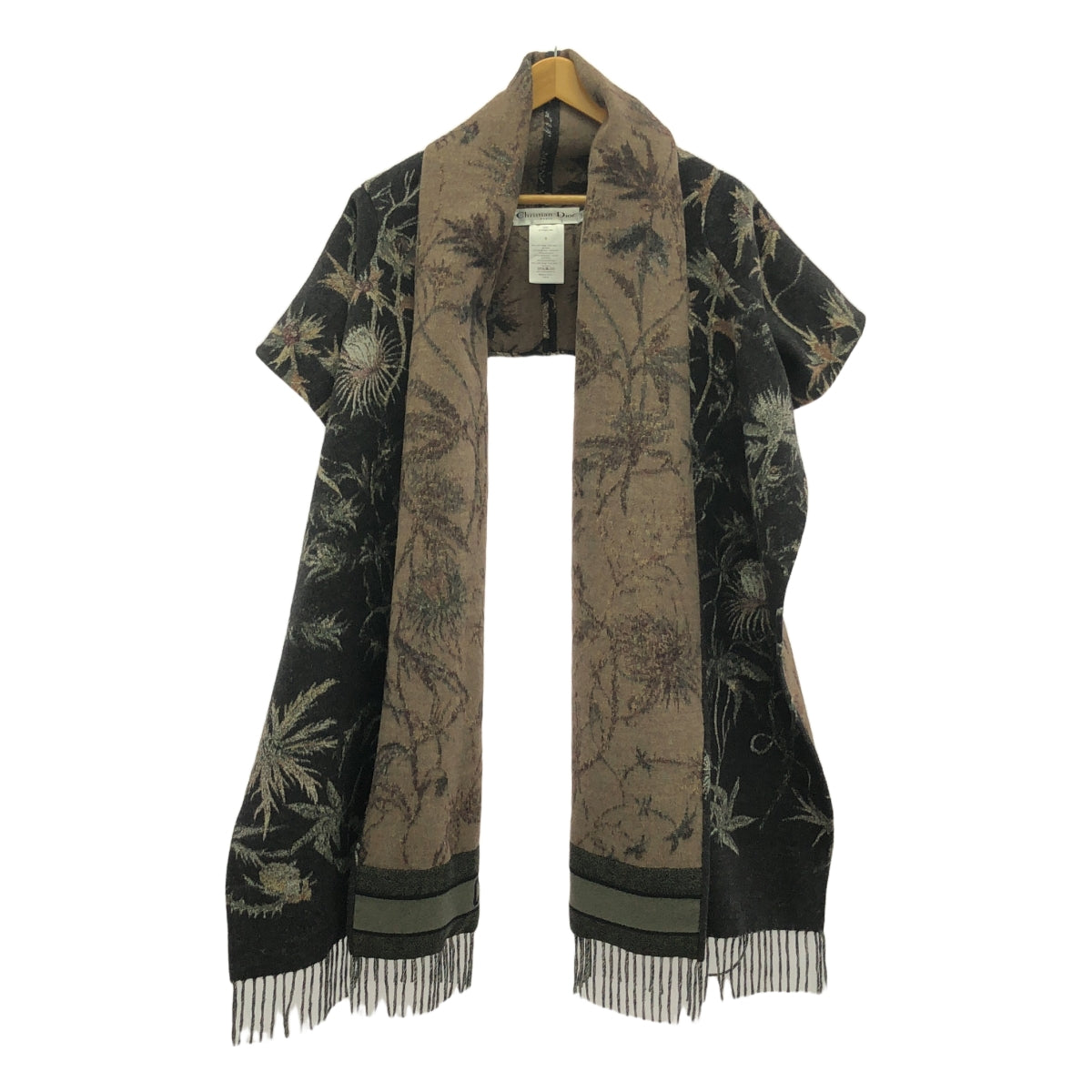【美品】  Christian Dior / クリスチャンディオール | 2020SS | ウール ジャガード フリンジ ストール ポンチョ | S | チャコールブラック | レディース