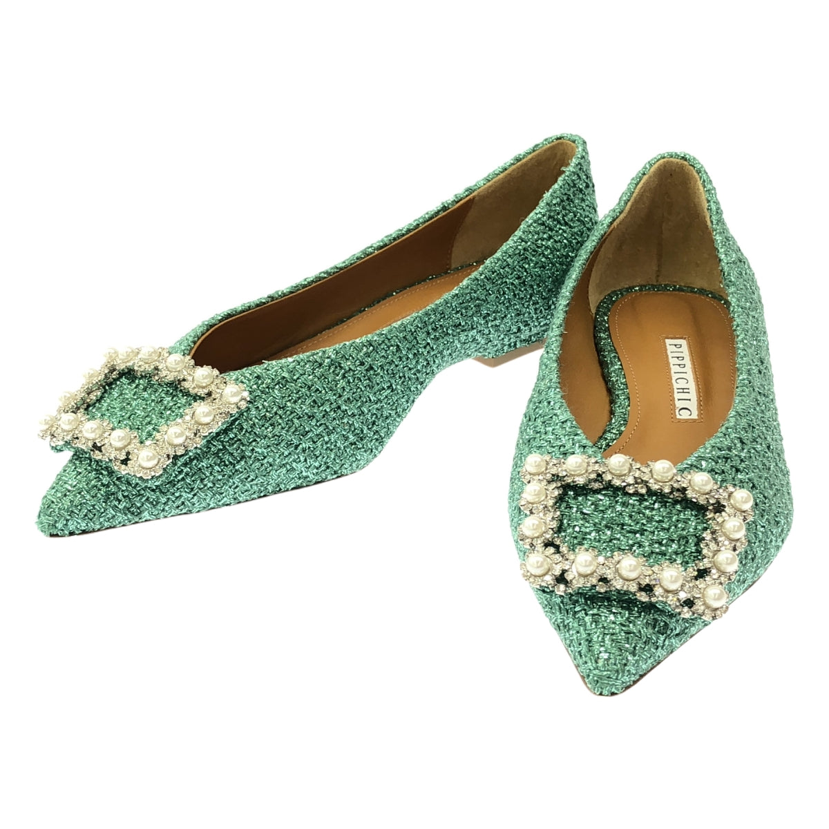 【미품】 PIPPICHIC / 핏피식 | ANNA V JEWERLY 20 / 비쥬 장식 플랫 슈즈 | 38 | green lame | 여성