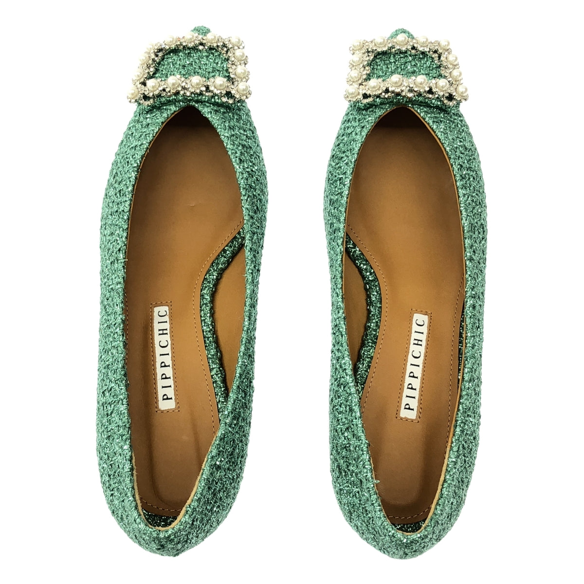 【미품】 PIPPICHIC / 핏피식 | ANNA V JEWERLY 20 / 비쥬 장식 플랫 슈즈 | 38 | green lame | 여성